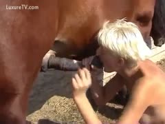 A blonde bitch stealing a huge rod from a mustang